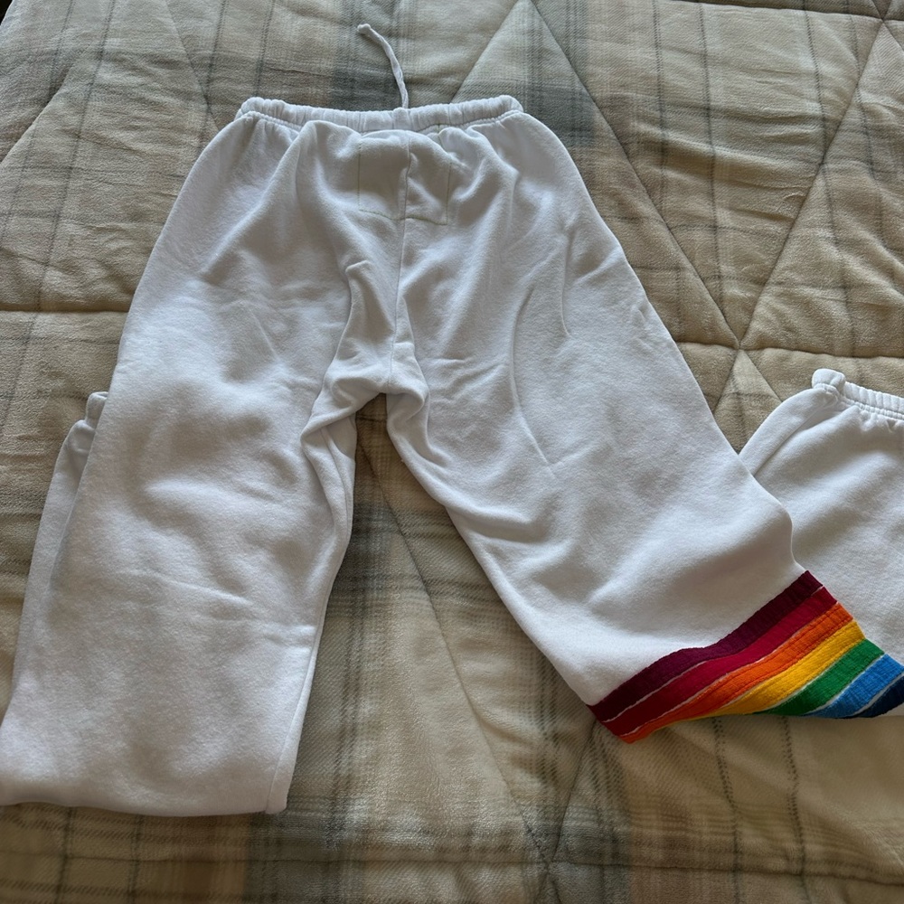 Aviator Nation White Terry Joggers with Rainbow Stripes on Leg - Picture 5 of 5